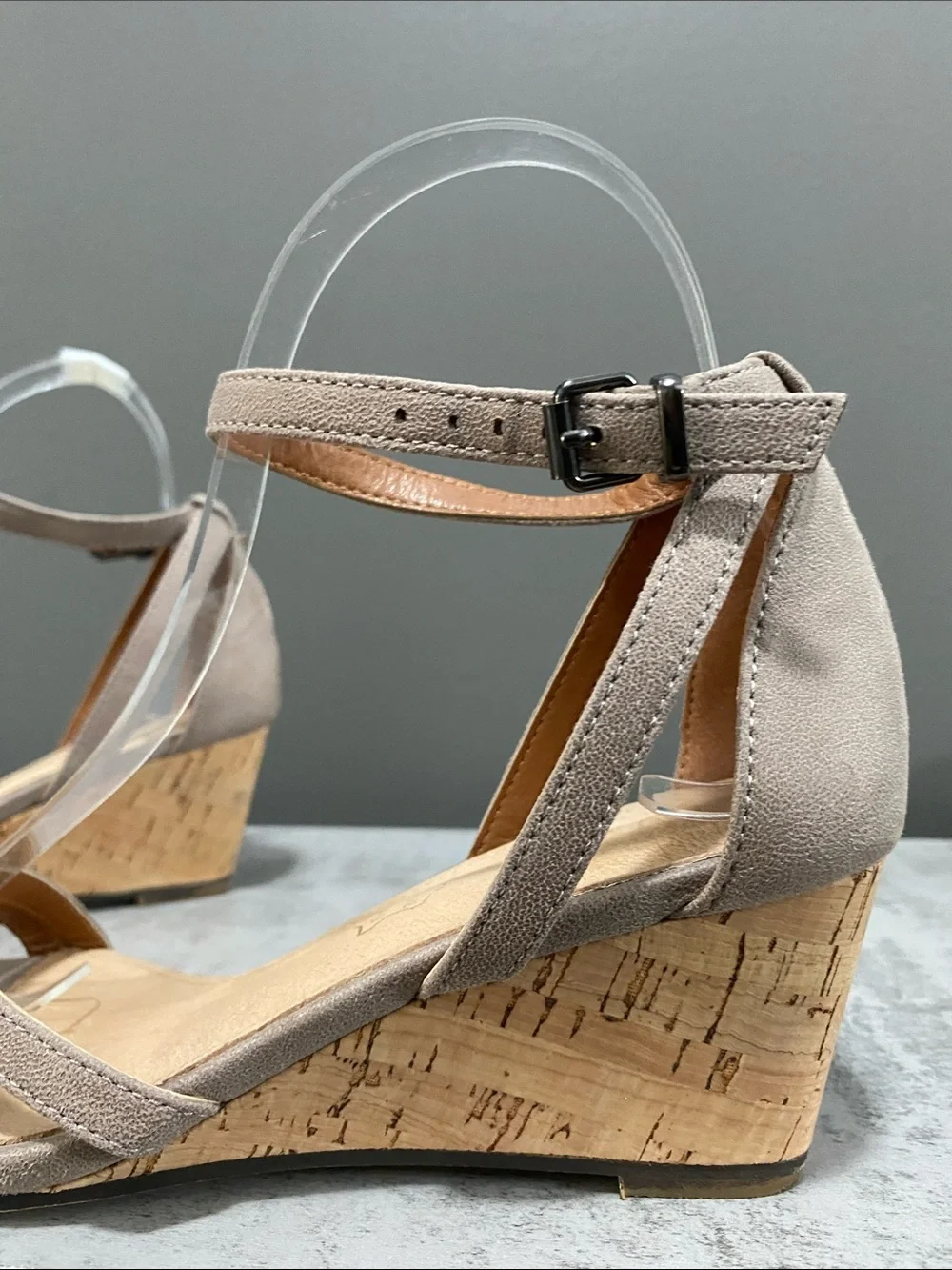 Mi.iM Women's Leather Taupe Wedge Sandals with Ankle Strap Size 6